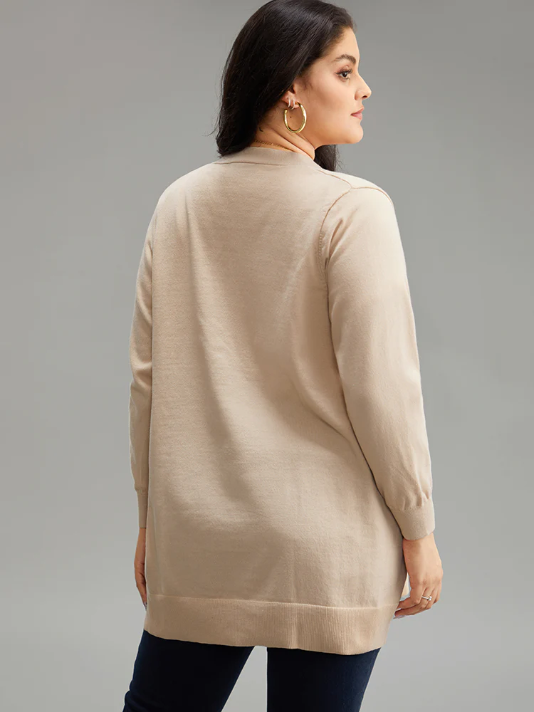 Solid Elastic Cuffs Open Front Cardigan - Image 3