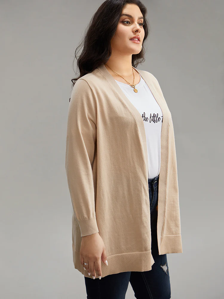 Solid Elastic Cuffs Open Front Cardigan - Image 4