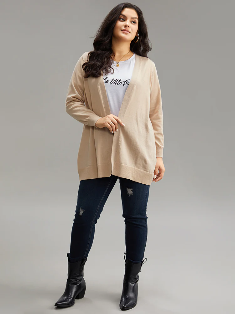 Solid Elastic Cuffs Open Front Cardigan - Image 5