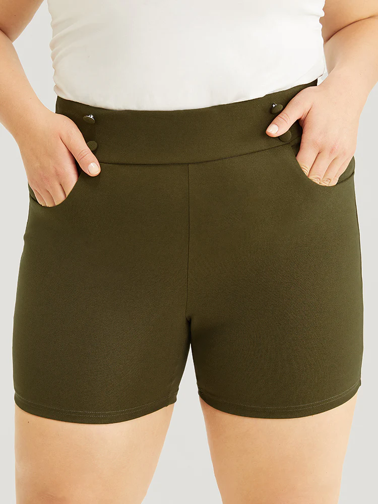 Solid Elastic Waist Button Detail Pocket Shorts - Image 2