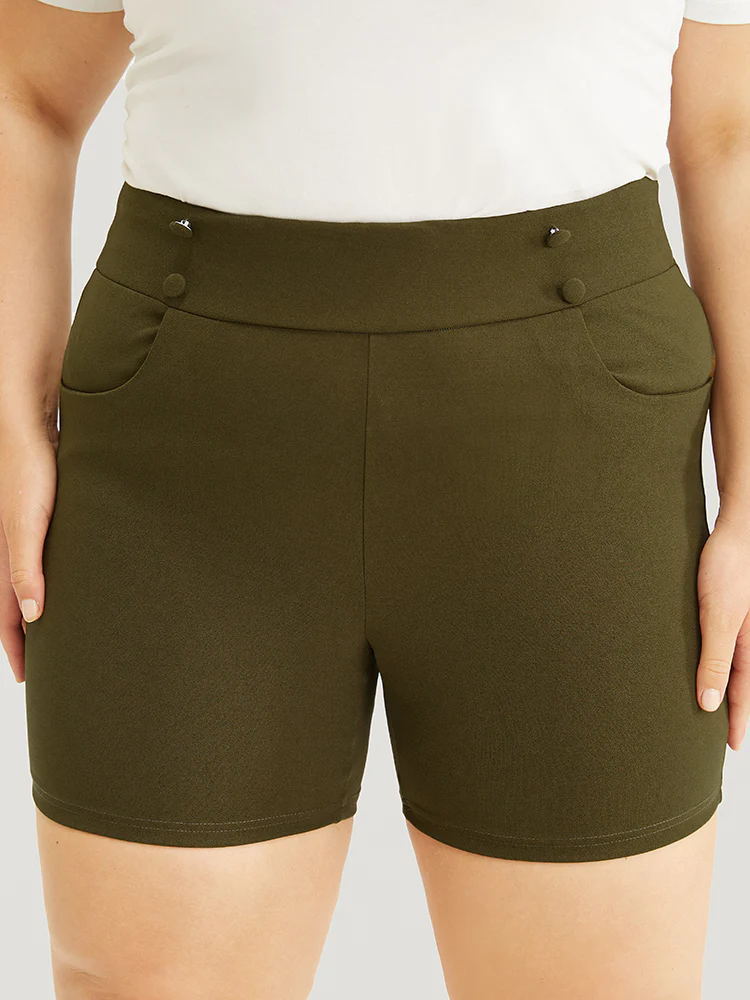 Solid Elastic Waist Button Detail Pocket Shorts - Image 4