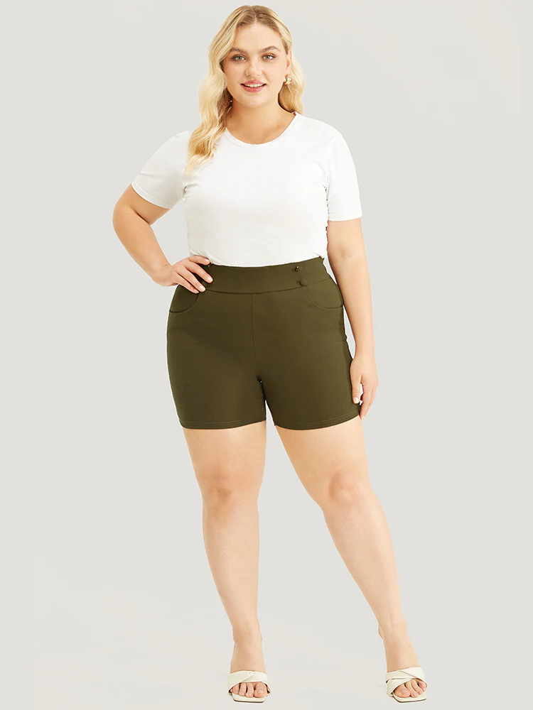 Solid Elastic Waist Button Detail Pocket Shorts - Image 7