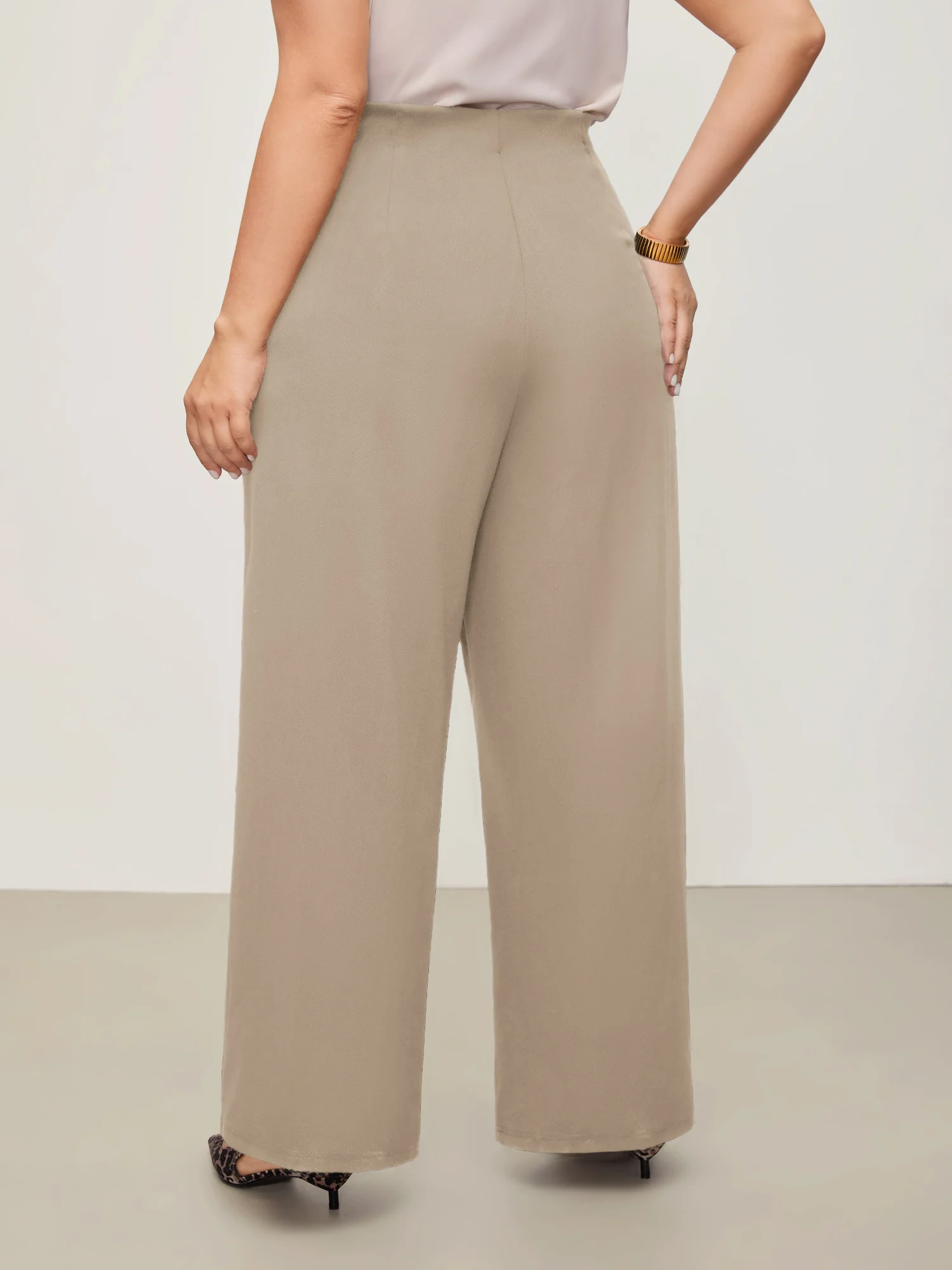 Solid Elastic Waist Pleated Wide Leg Pants - Image 13