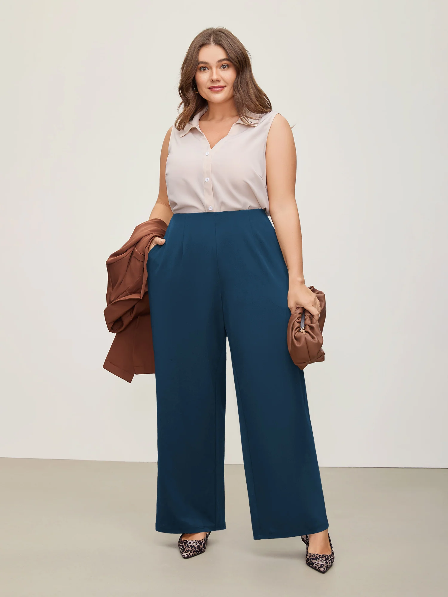 Solid Elastic Waist Pleated Wide Leg Pants - Image 15