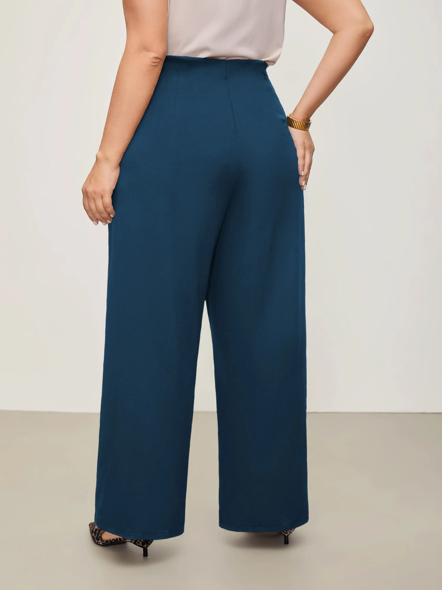 Solid Elastic Waist Pleated Wide Leg Pants - Image 18