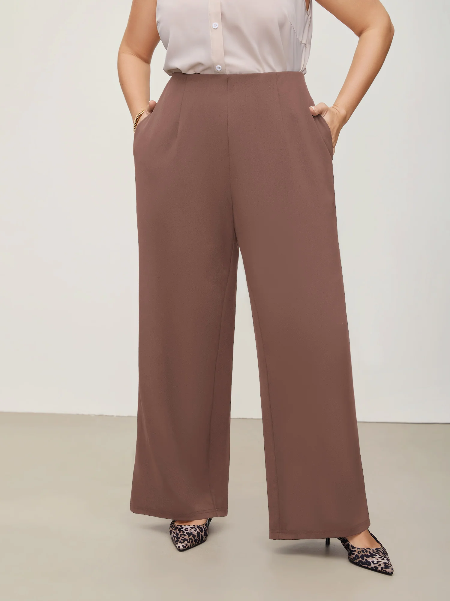 Solid Elastic Waist Pleated Wide Leg Pants - Image 19