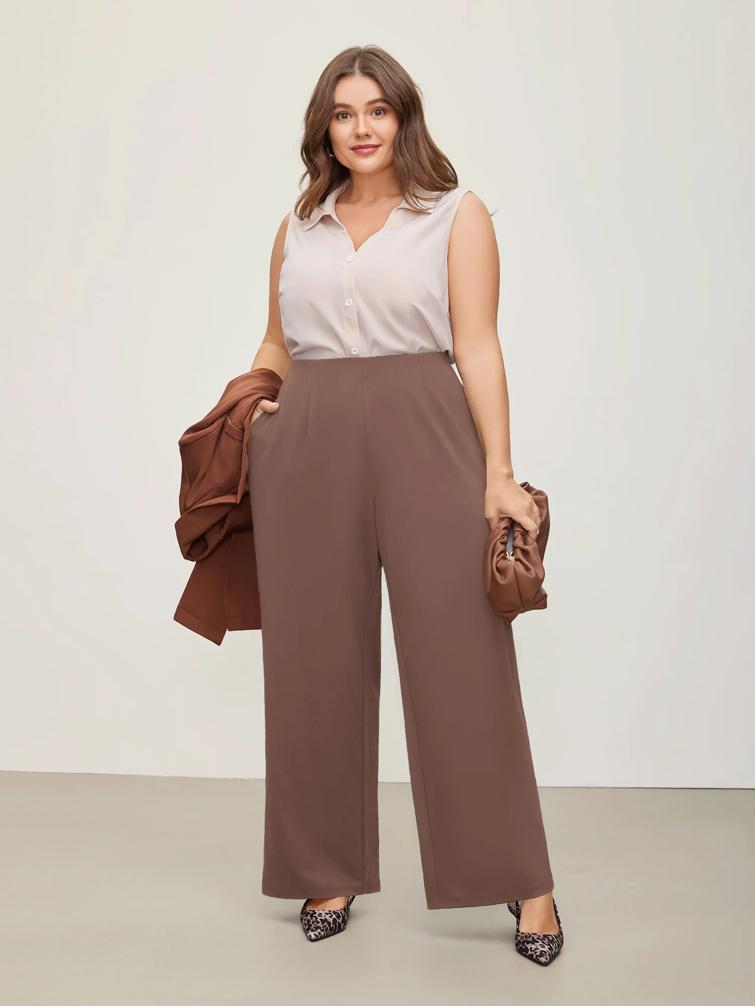 Solid Elastic Waist Pleated Wide Leg Pants - Image 20