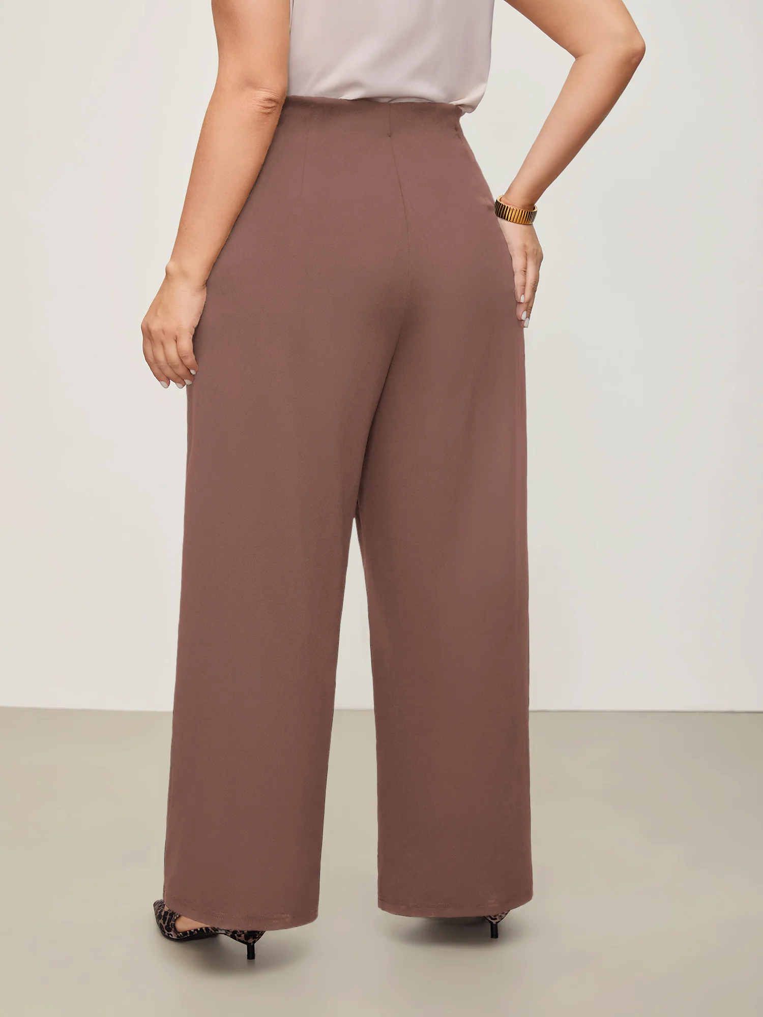 Solid Elastic Waist Pleated Wide Leg Pants - Image 23