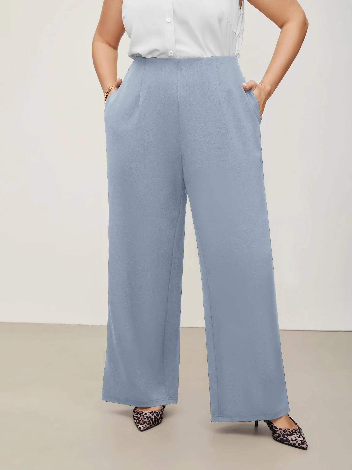 Solid Elastic Waist Pleated Wide Leg Pants - Image 24