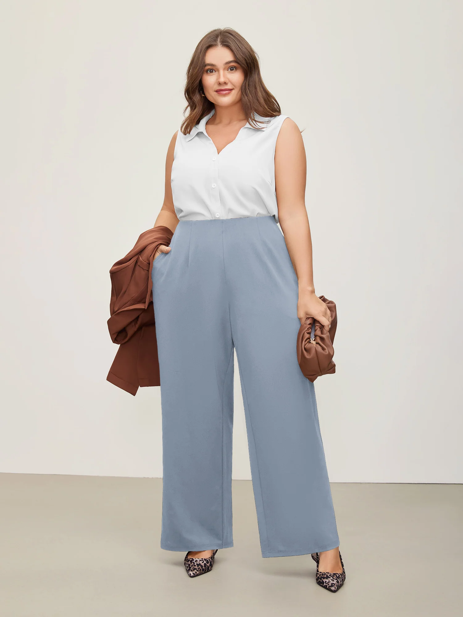 Solid Elastic Waist Pleated Wide Leg Pants - Image 25