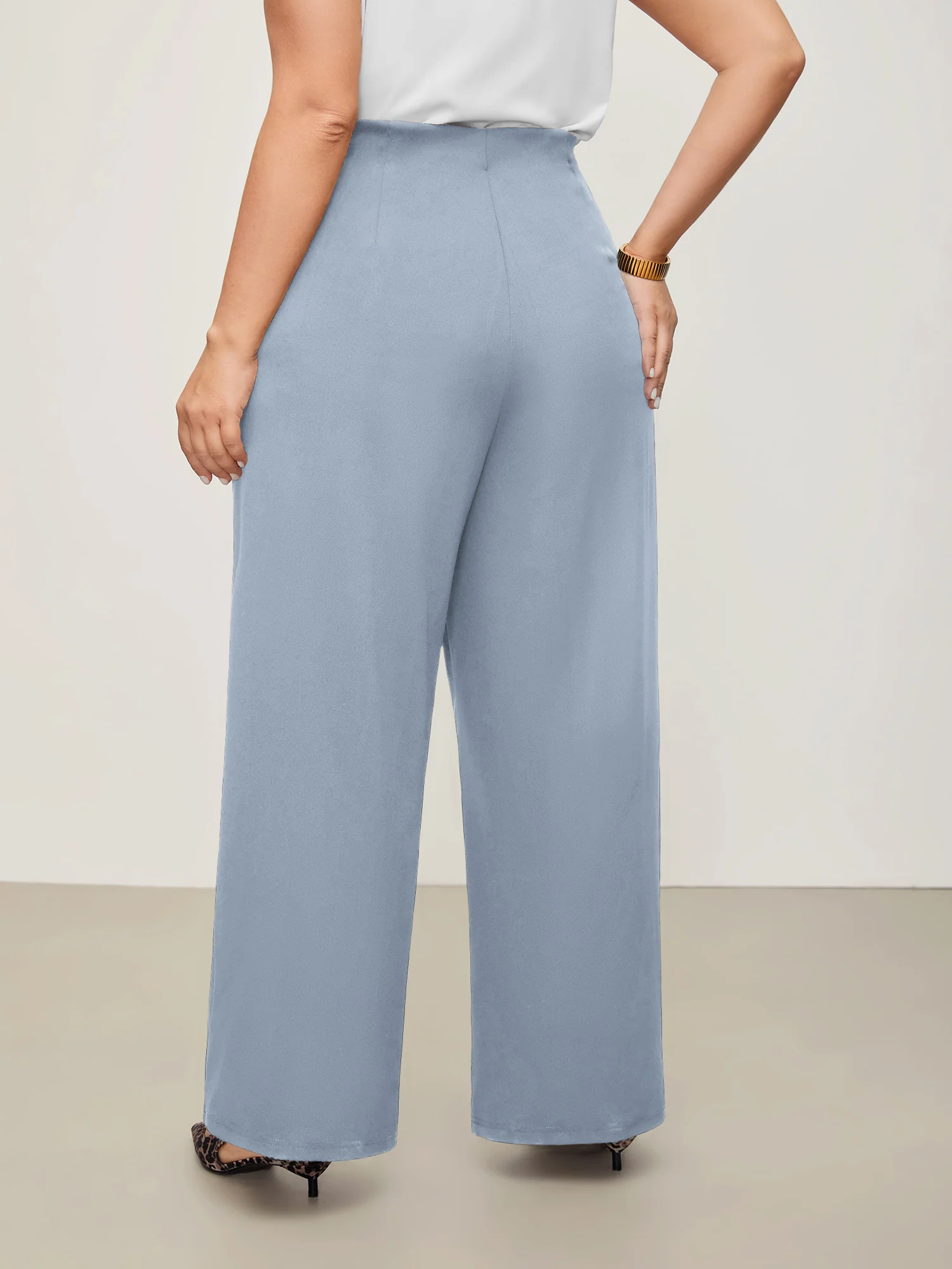 Solid Elastic Waist Pleated Wide Leg Pants - Image 28