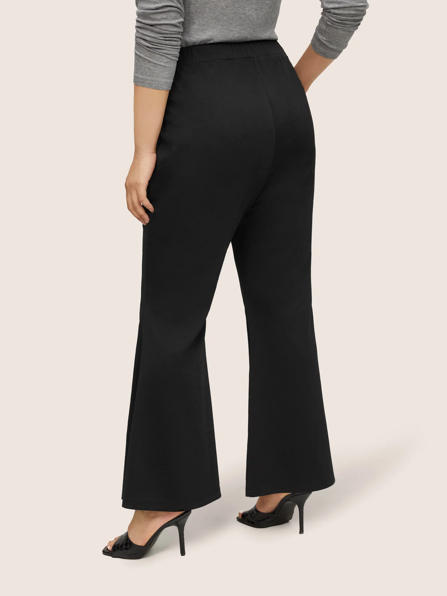 Solid Elastic Waist Pocket Flare Leg Pants - Image 2