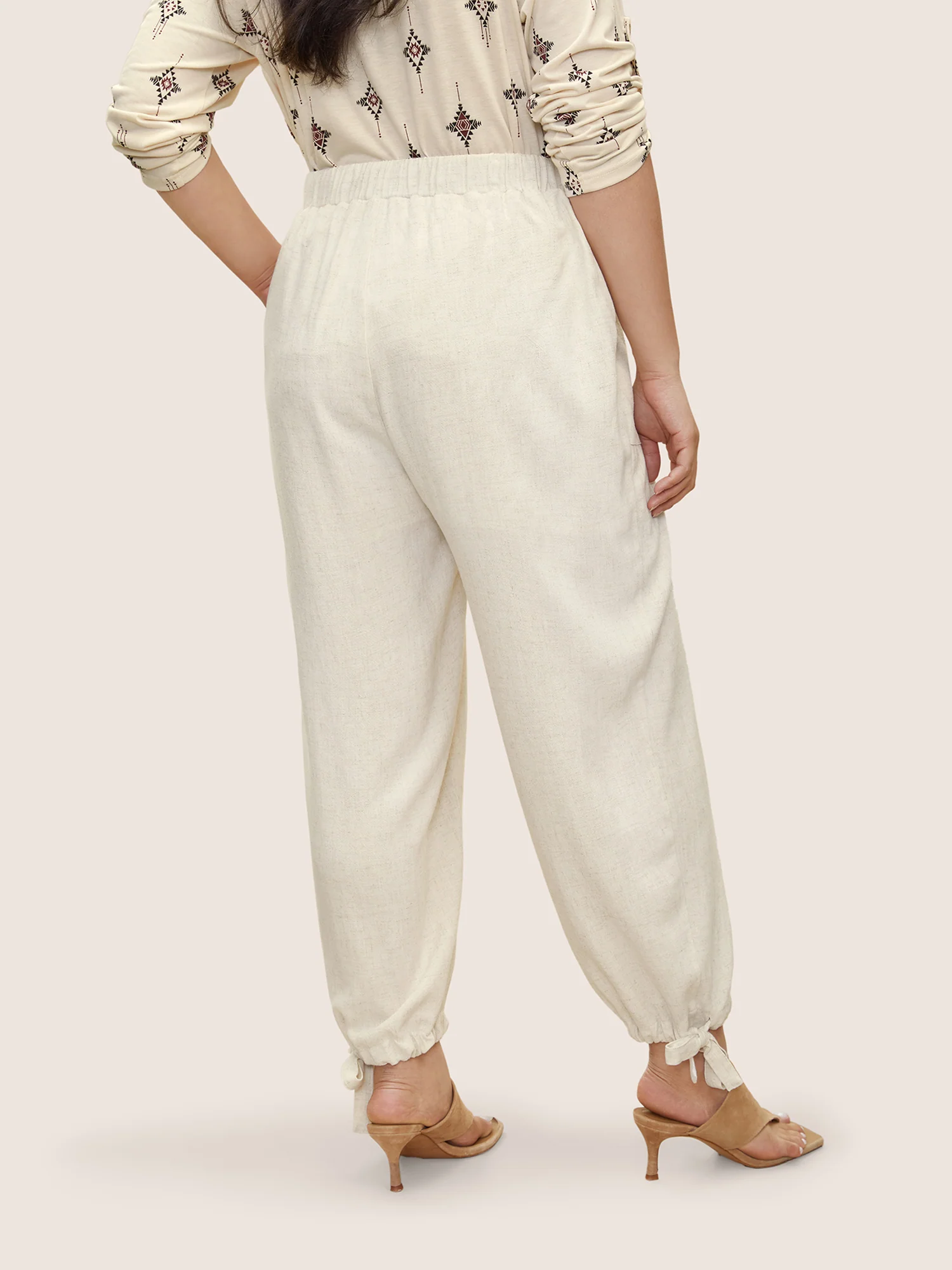 Solid Elastic Waist Ties Harem Pants - Image 2