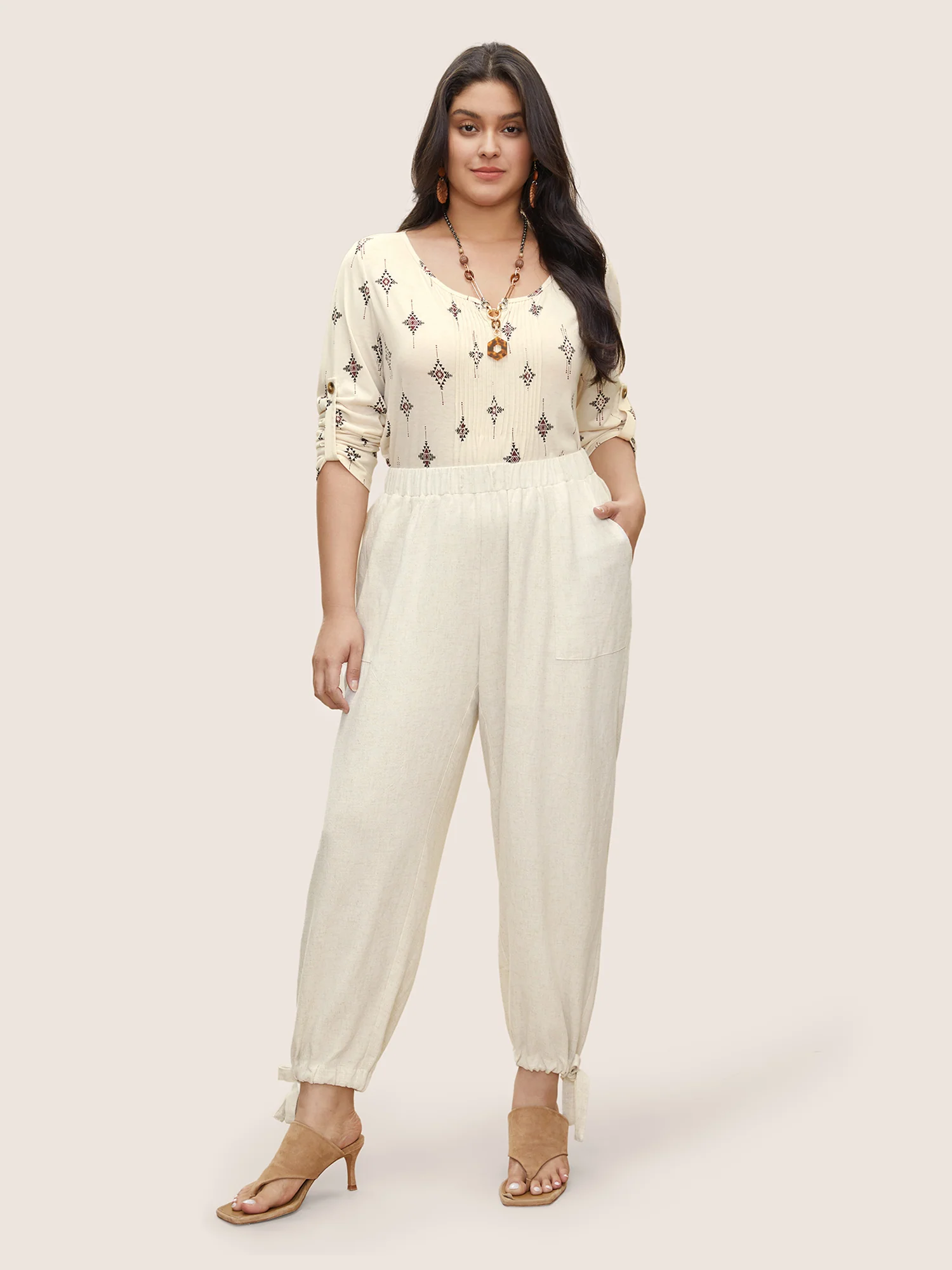 Solid Elastic Waist Ties Harem Pants - Image 3