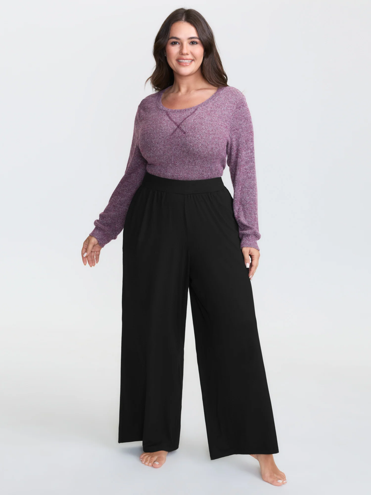 Solid Elastic Waist Wide Leg Lounge Bottoms - Image 2