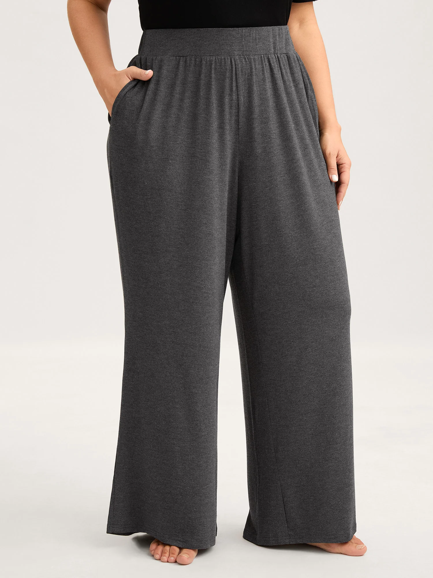 Solid Elastic Waist Wide Leg Lounge Bottoms - Image 8