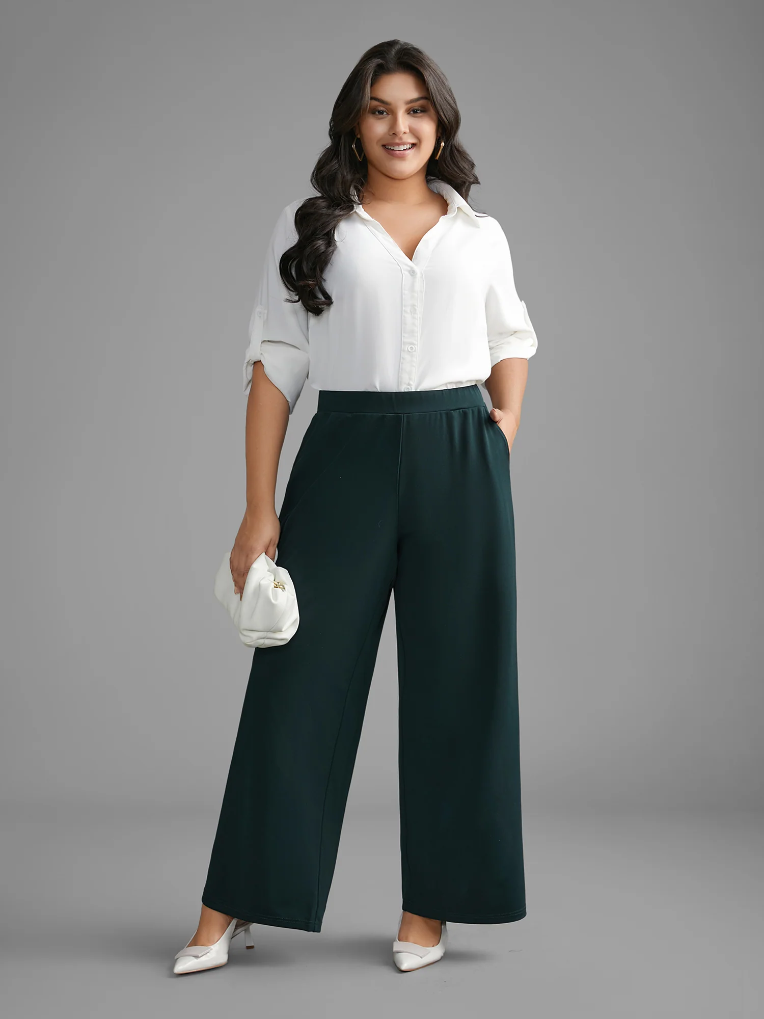 Solid Elastic Waist Wide Leg Pants - Image 2