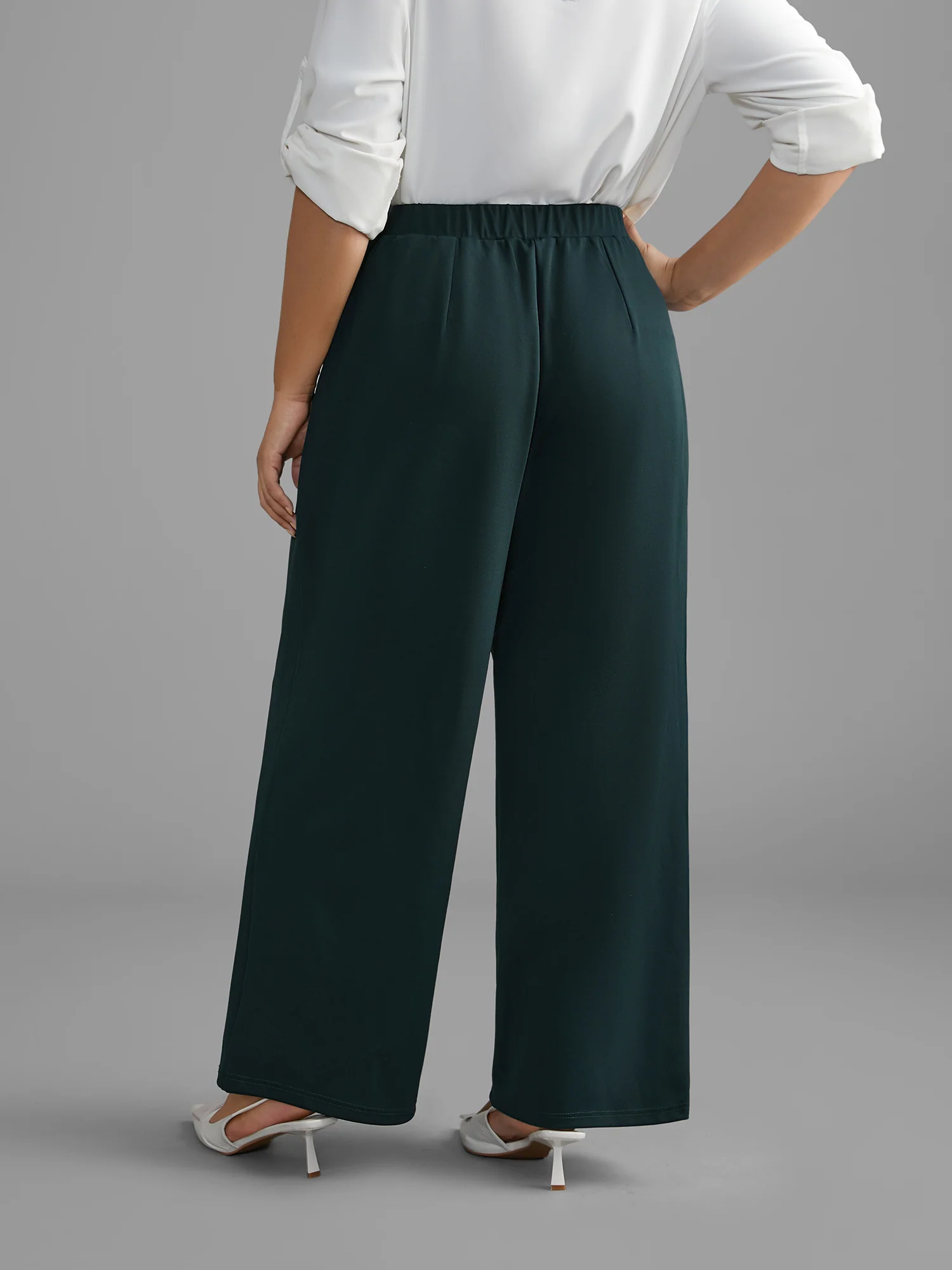 Solid Elastic Waist Wide Leg Pants - Image 3