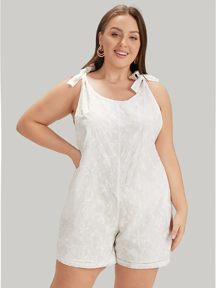 Solid Embroidered Knot Pocket Overall Romper - Image 2