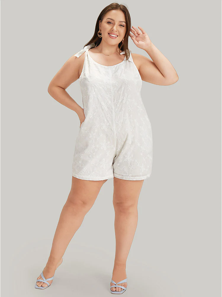 Solid Embroidered Knot Pocket Overall Romper - Image 3
