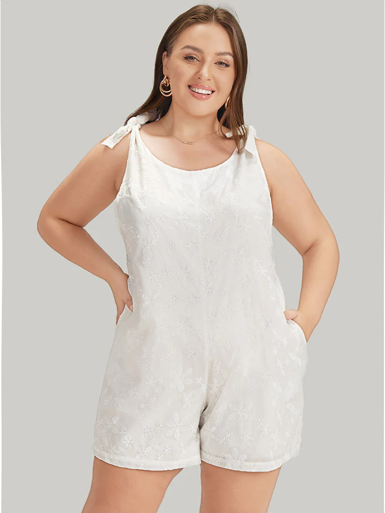 Solid Embroidered Knot Pocket Overall Romper - Image 4