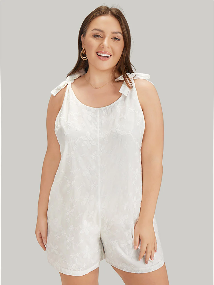 Solid Embroidered Knot Pocket Overall Romper - Image 5
