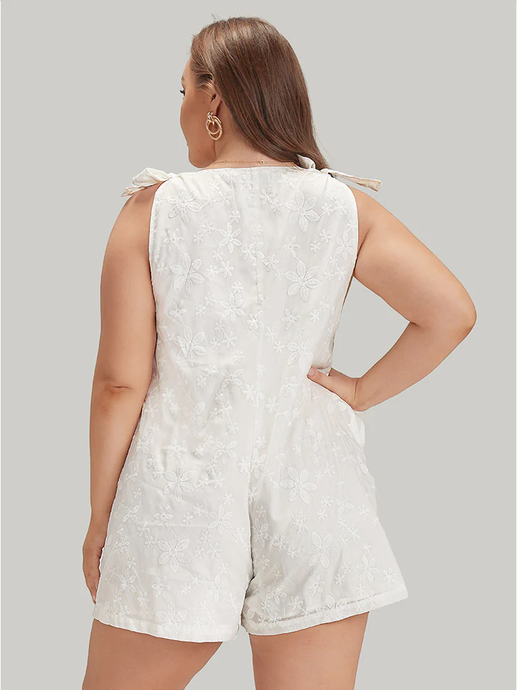 Solid Embroidered Knot Pocket Overall Romper - Image 6