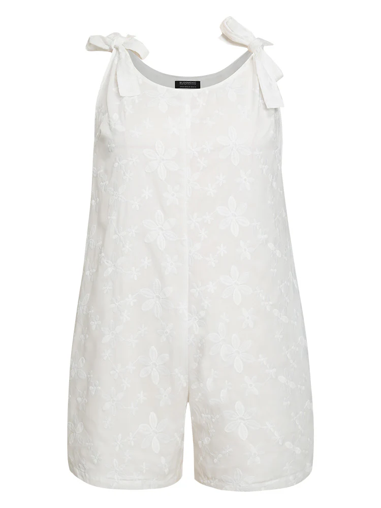 Solid Embroidered Knot Pocket Overall Romper - Image 9
