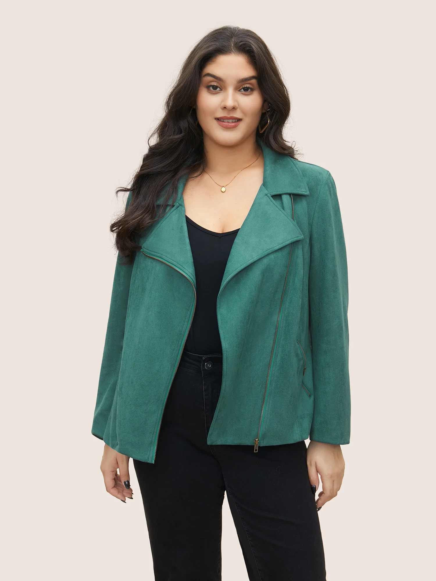Solid Faux Suede Zipper Lapel Collar Jacket