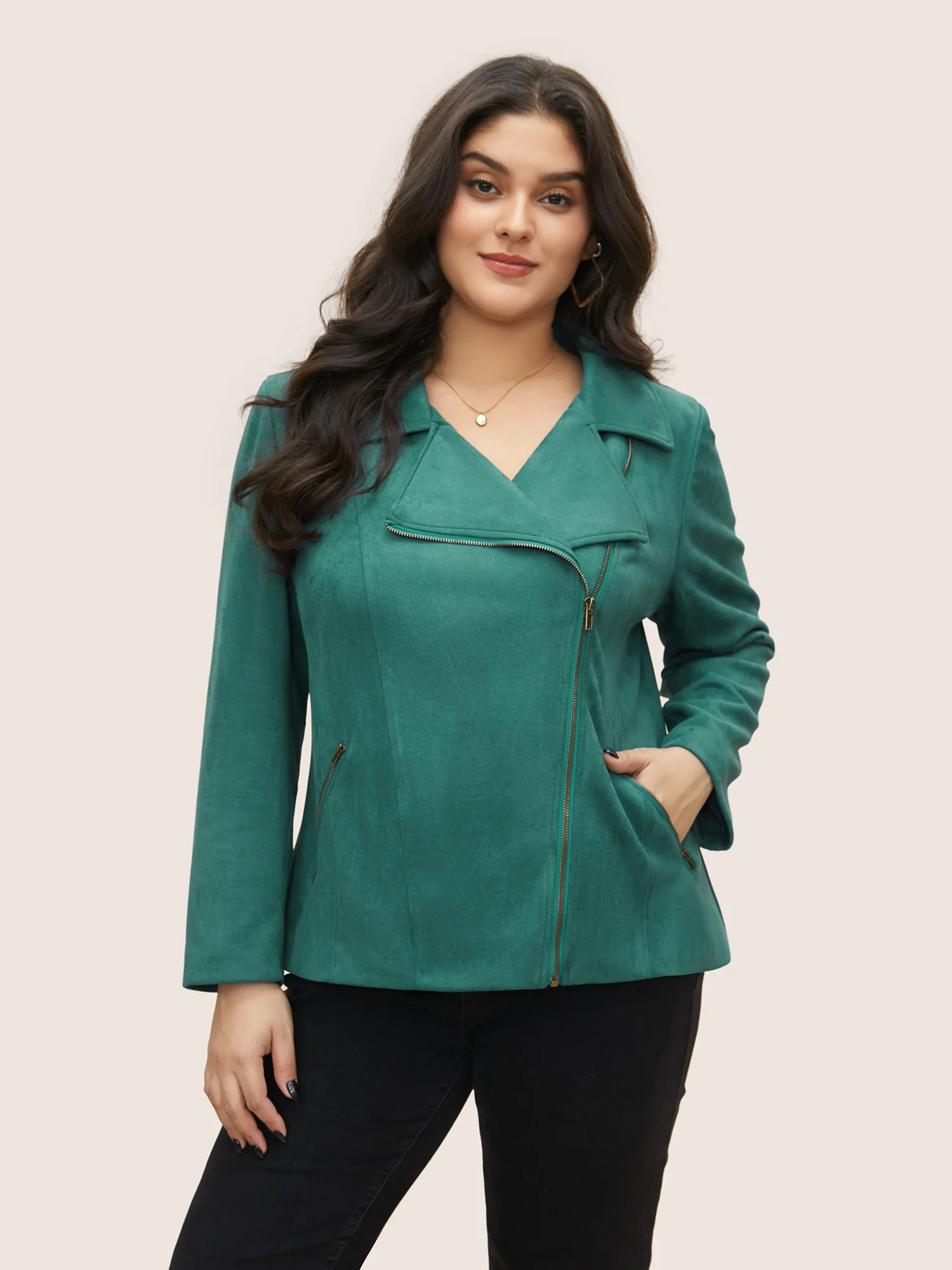 Solid Faux Suede Zipper Lapel Collar Jacket - Image 2