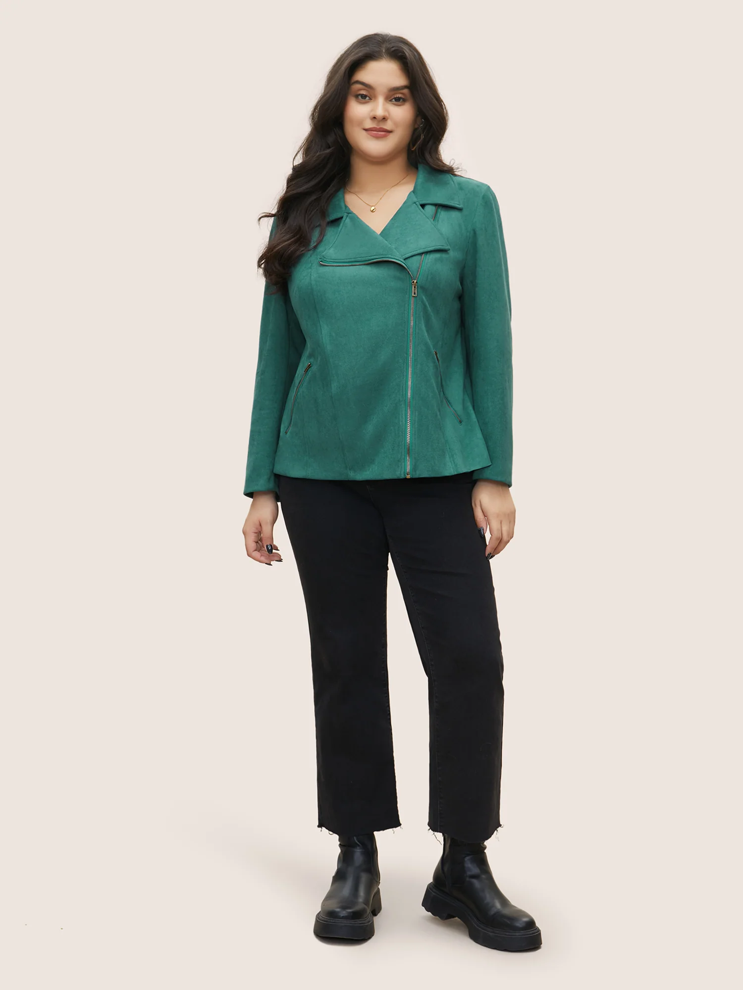 Solid Faux Suede Zipper Lapel Collar Jacket - Image 3