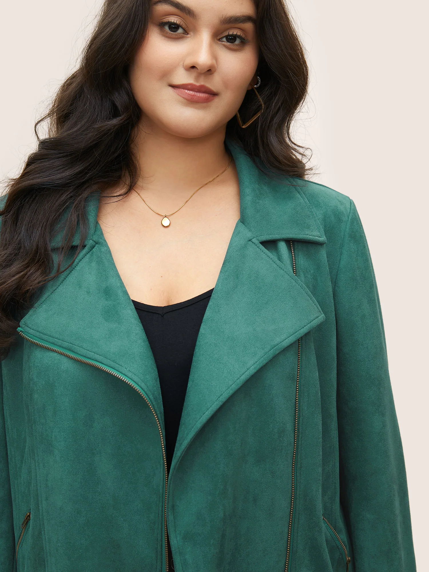 Solid Faux Suede Zipper Lapel Collar Jacket - Image 4