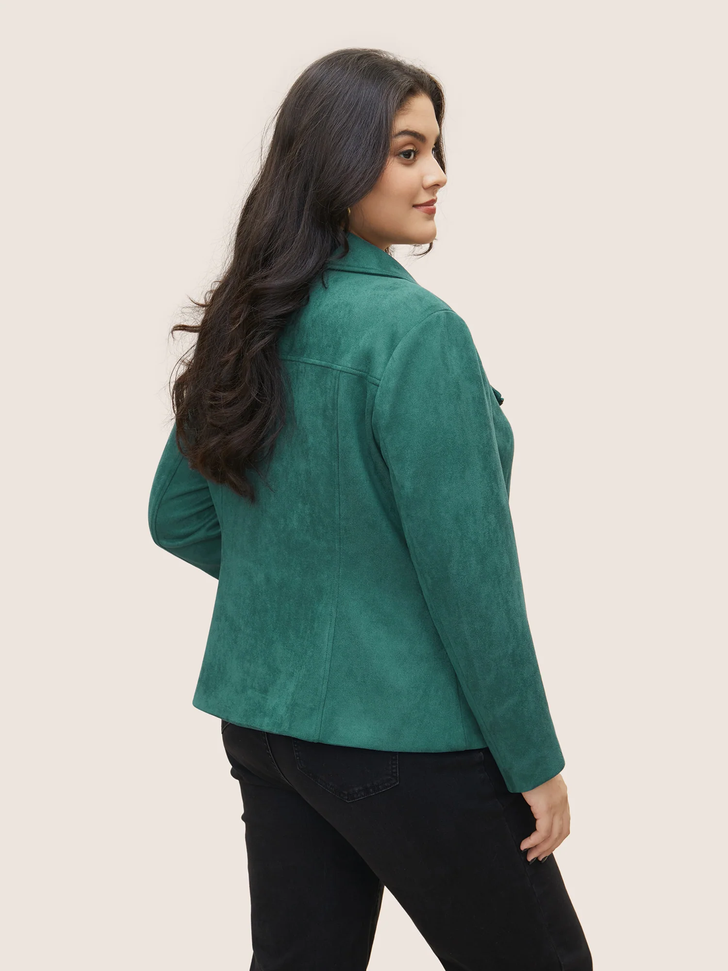 Solid Faux Suede Zipper Lapel Collar Jacket - Image 5