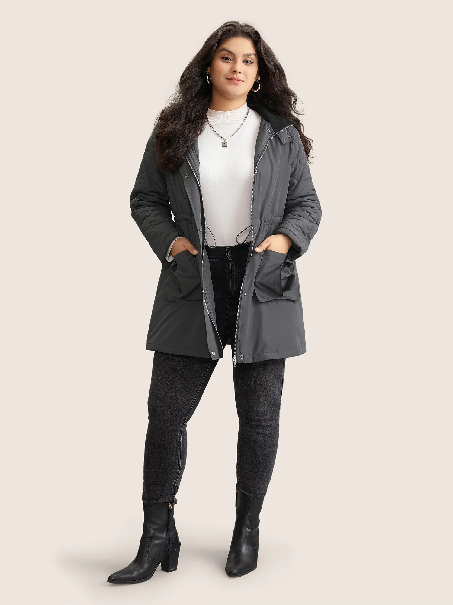 Solid Flap Detail Elastic Waist Quilted Coat - Image 2