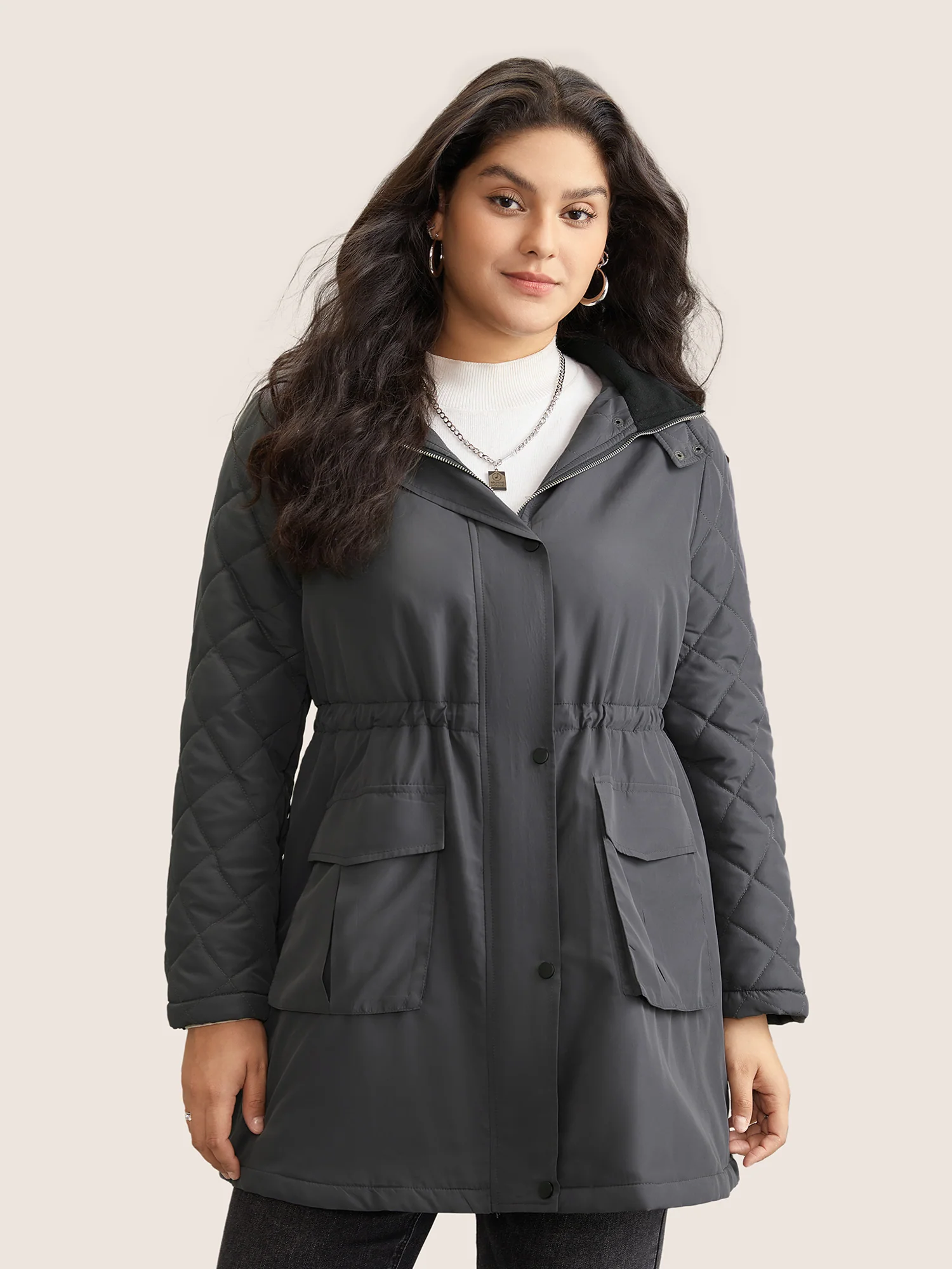 Solid Flap Detail Elastic Waist Quilted Coat - Image 3