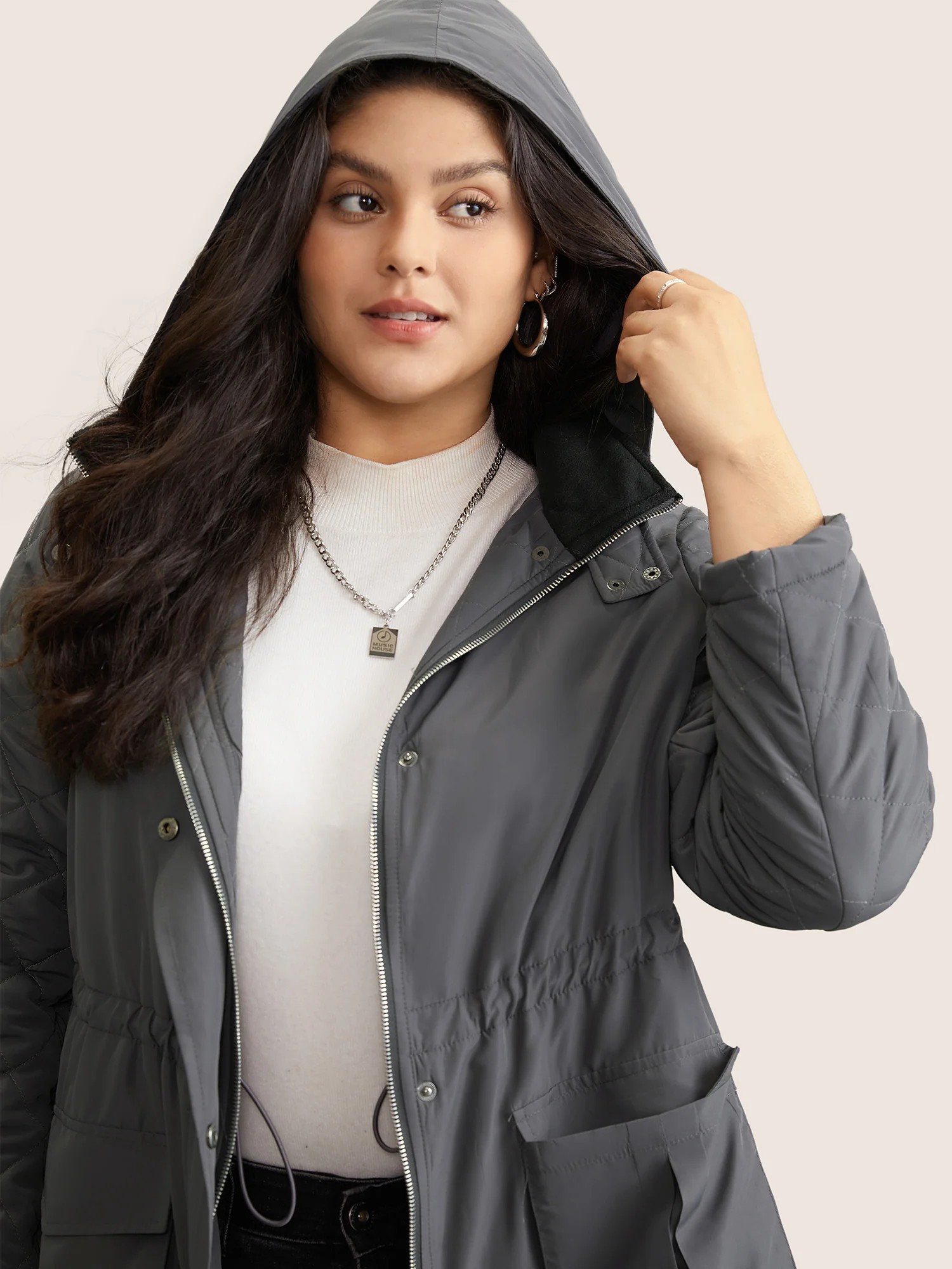 Solid Flap Detail Elastic Waist Quilted Coat - Image 4