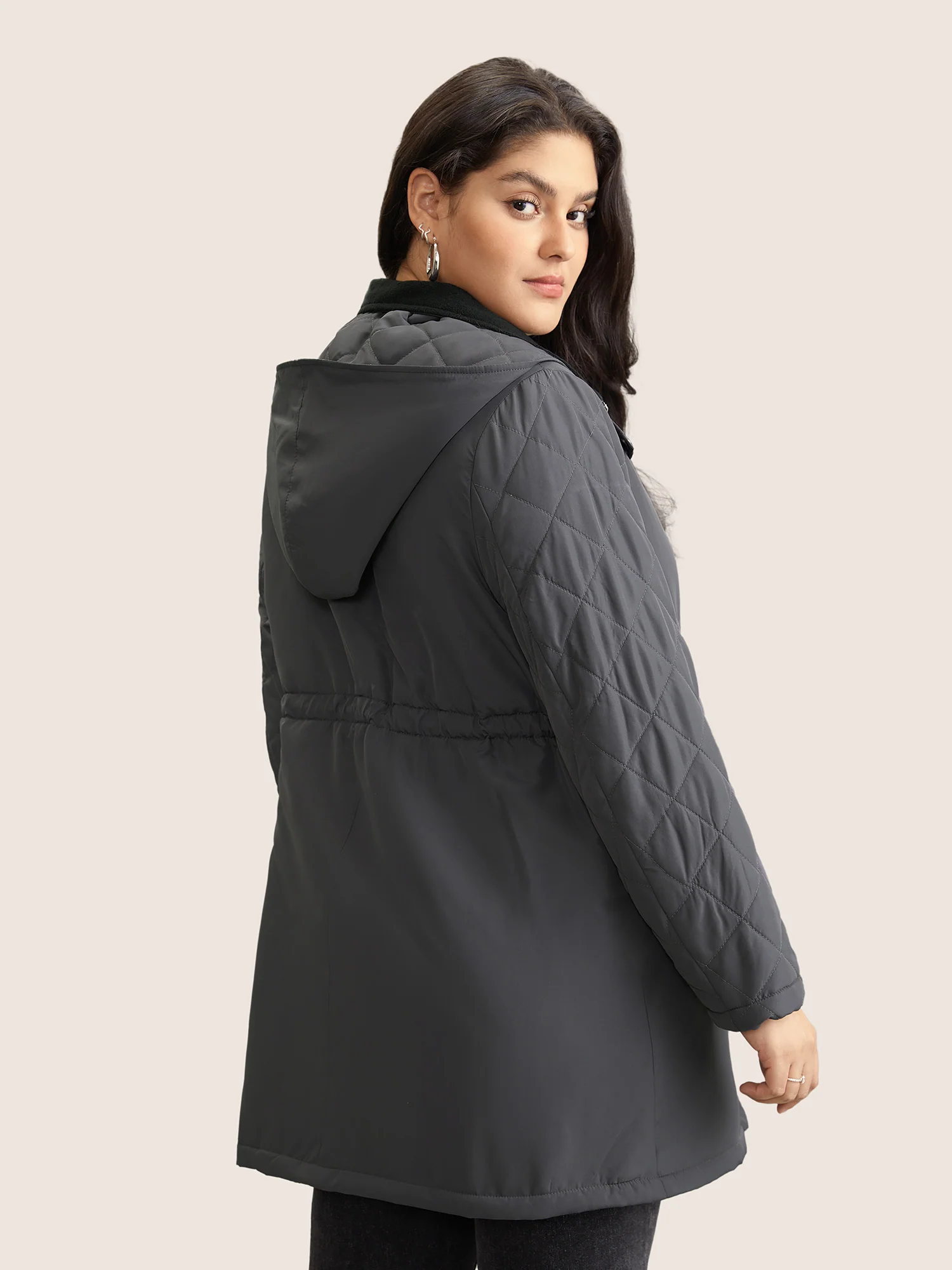 Solid Flap Detail Elastic Waist Quilted Coat - Image 5