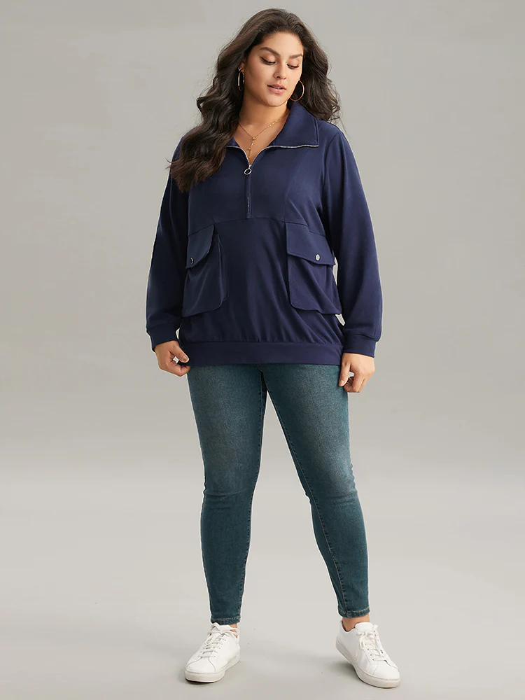 Solid Flap Pocket Half Zip Sweatshirt - Image 3