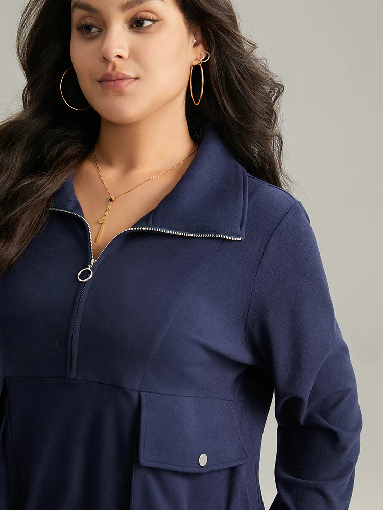Solid Flap Pocket Half Zip Sweatshirt - Image 4