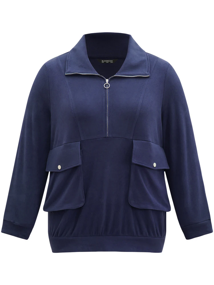 Solid Flap Pocket Half Zip Sweatshirt - Image 5