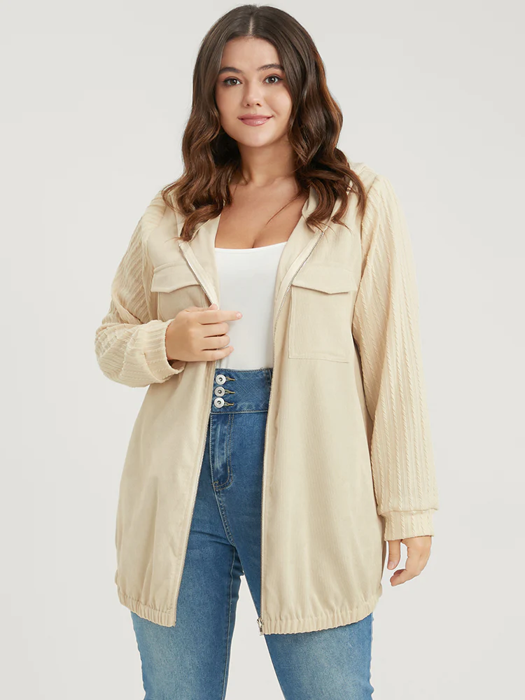 Solid Flap Pocket Zip Up Hooded Coat - Image 3
