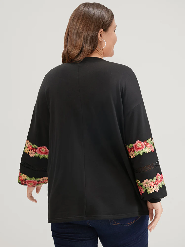 Solid Floral Embroidered Contrast Lace Sweatshirt - Image 6