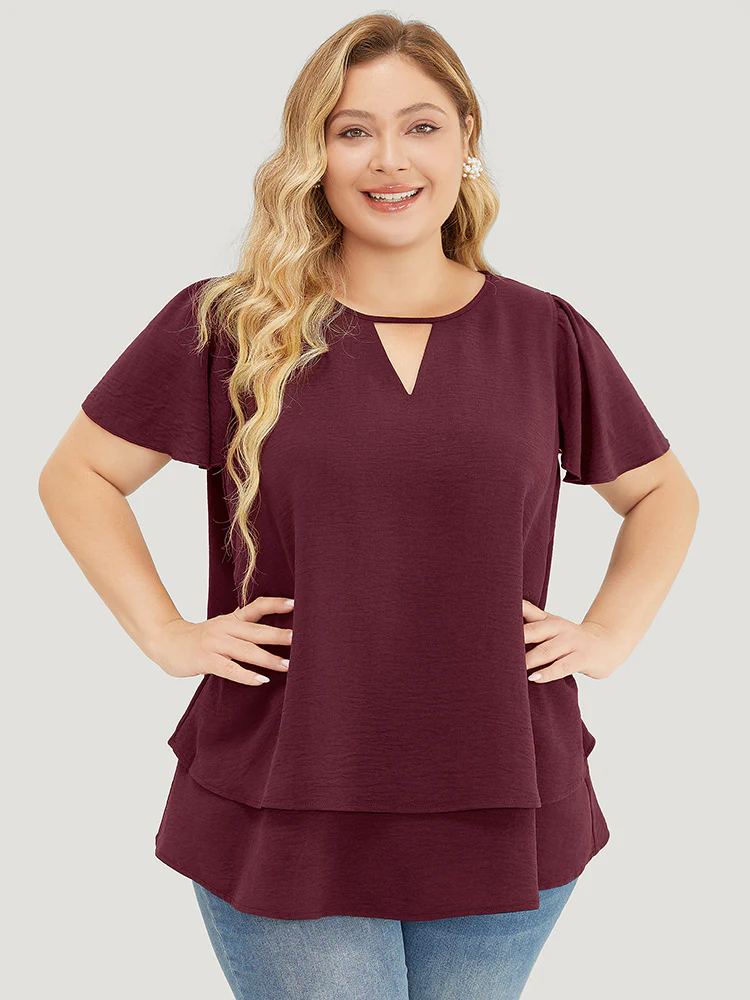 Solid Flutter Sleeve Keyhole Layered Hem Blouse - Image 2