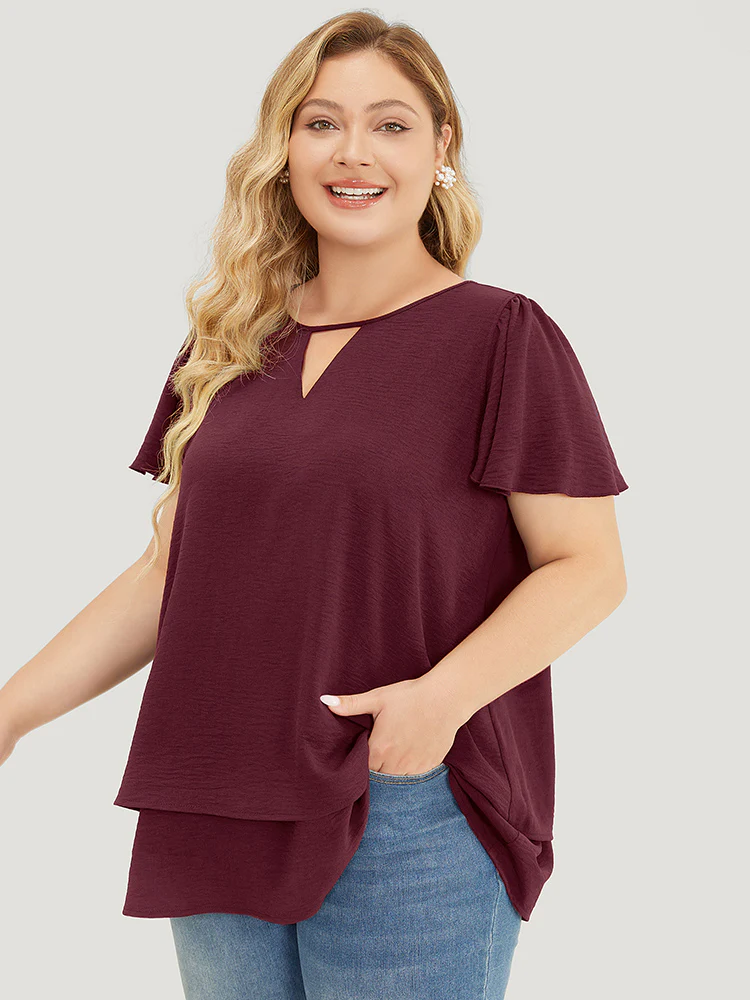 Solid Flutter Sleeve Keyhole Layered Hem Blouse - Image 3
