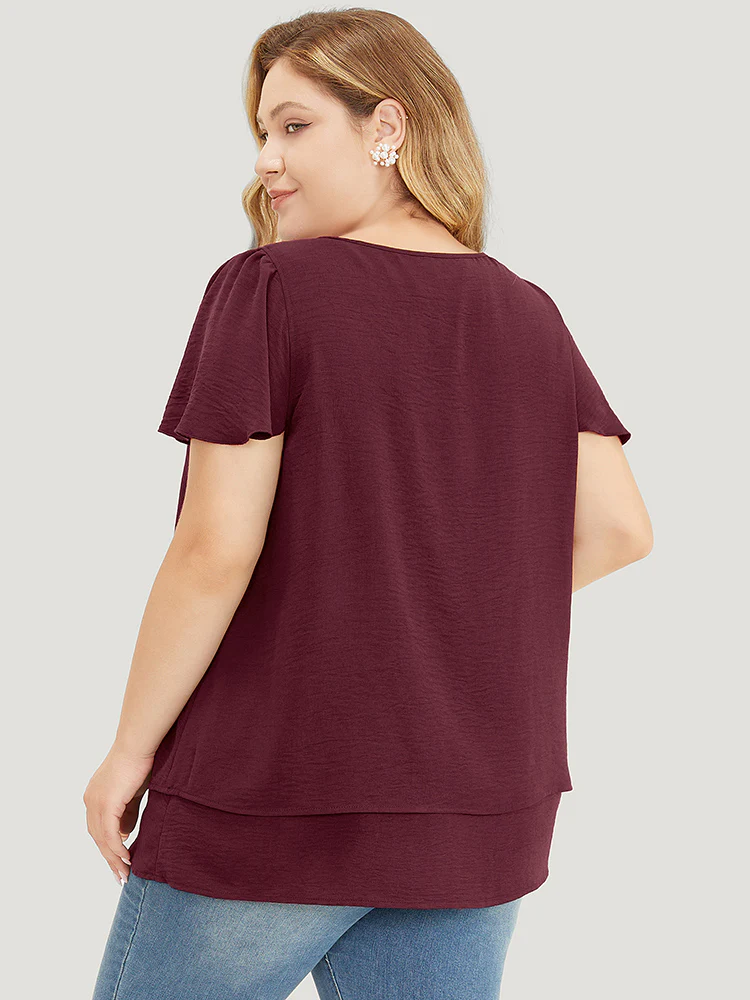 Solid Flutter Sleeve Keyhole Layered Hem Blouse - Image 4