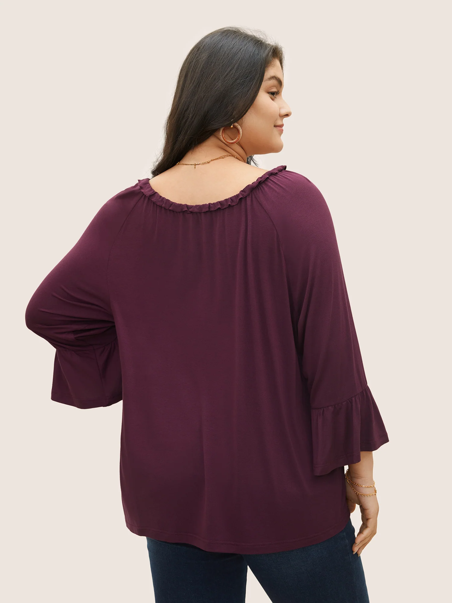 Solid Flutter Sleeve Off Shoulder T-shirt - Image 2