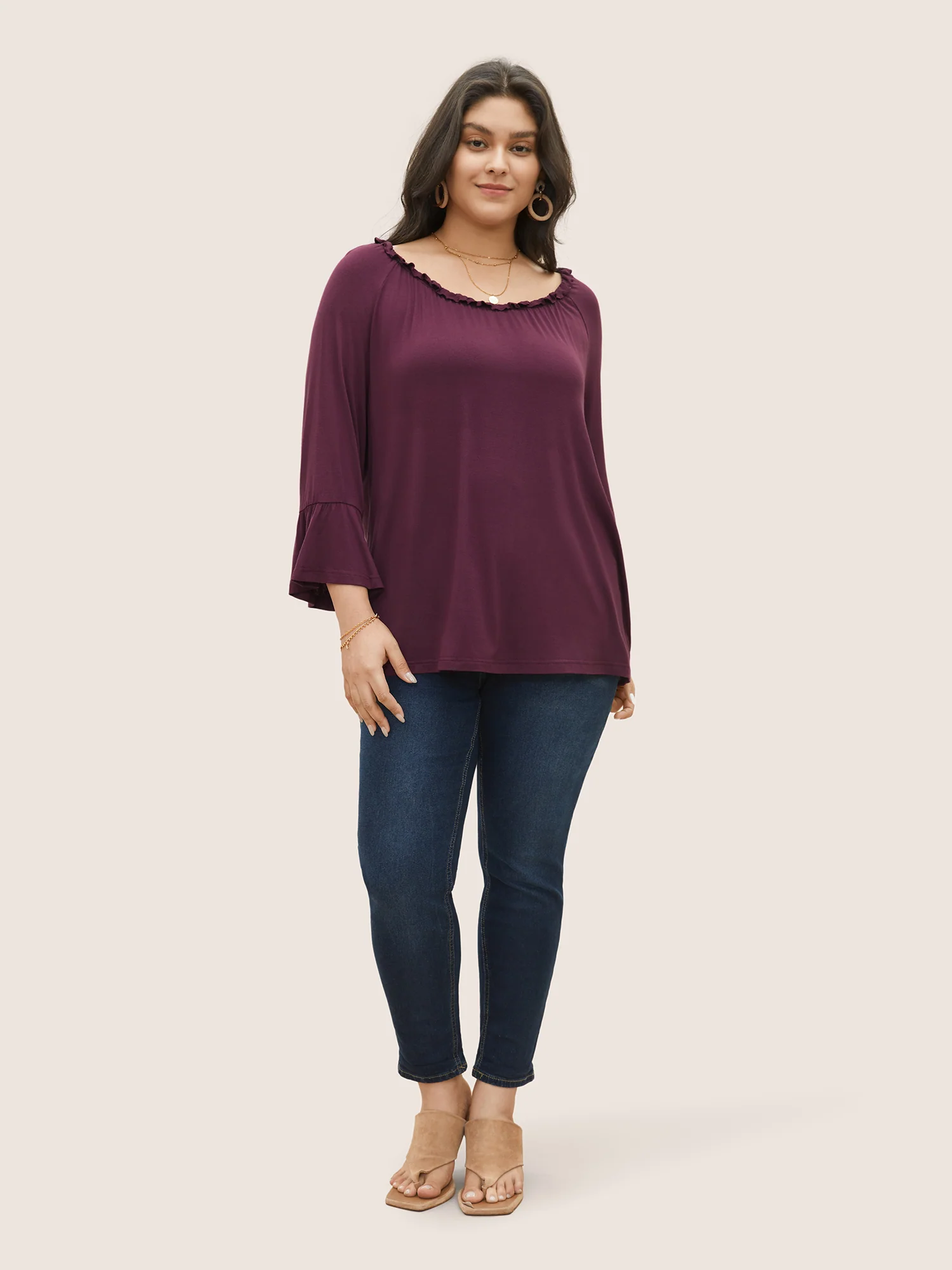 Solid Flutter Sleeve Off Shoulder T-shirt - Image 3