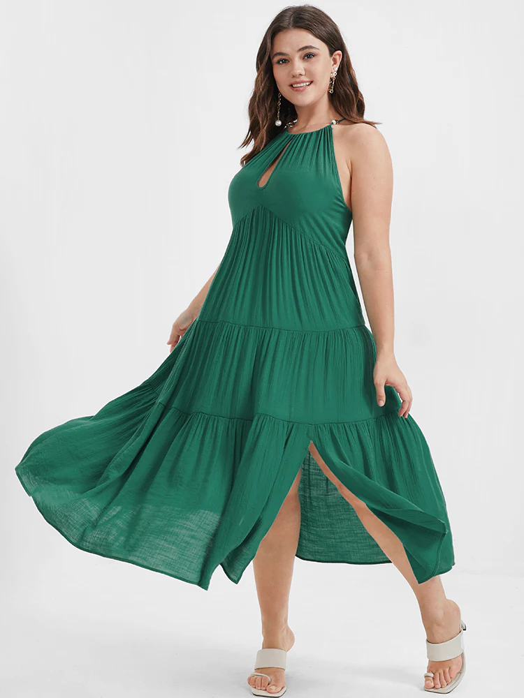 Solid Flutter Split Keyhole Ties Halter Neck Midi Dress - Image 2