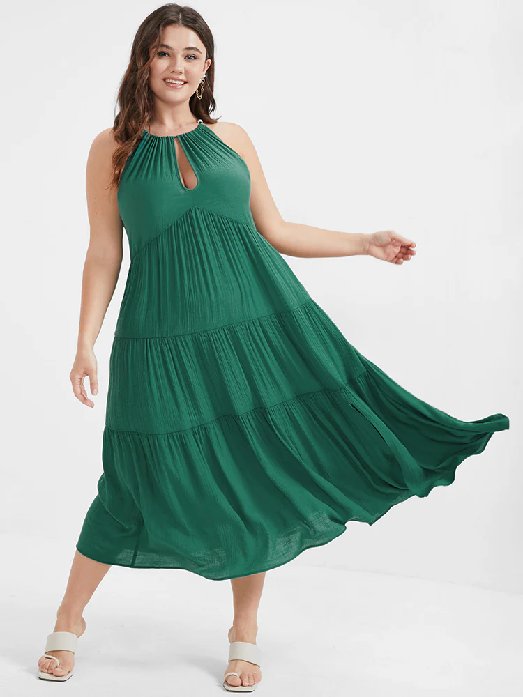 Solid Flutter Split Keyhole Ties Halter Neck Midi Dress - Image 3