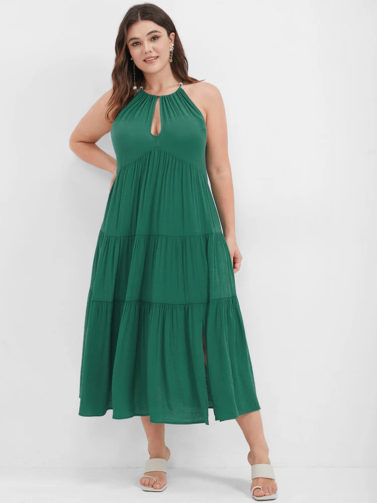 Solid Flutter Split Keyhole Ties Halter Neck Midi Dress - Image 4
